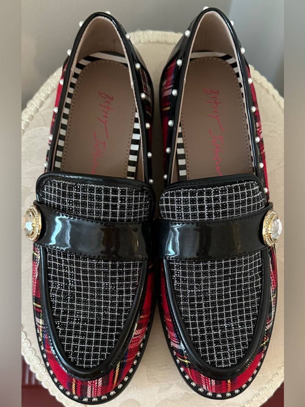 Plaid & Tweed Loafers with Stud Trim - Red Black - Picture 2 of 4